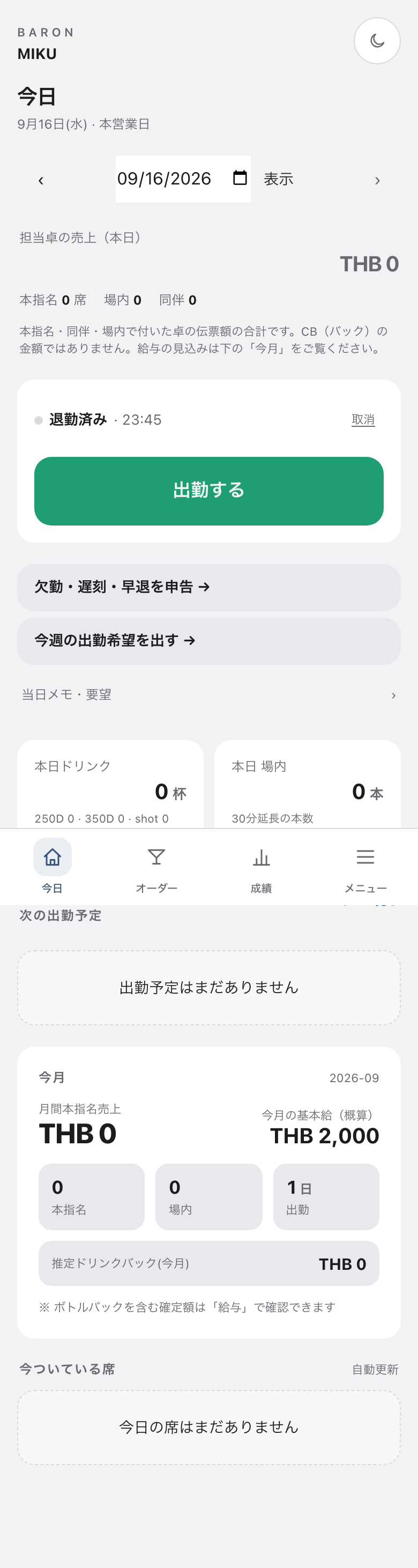 キャストアプリのホーム画面(今日タブ)